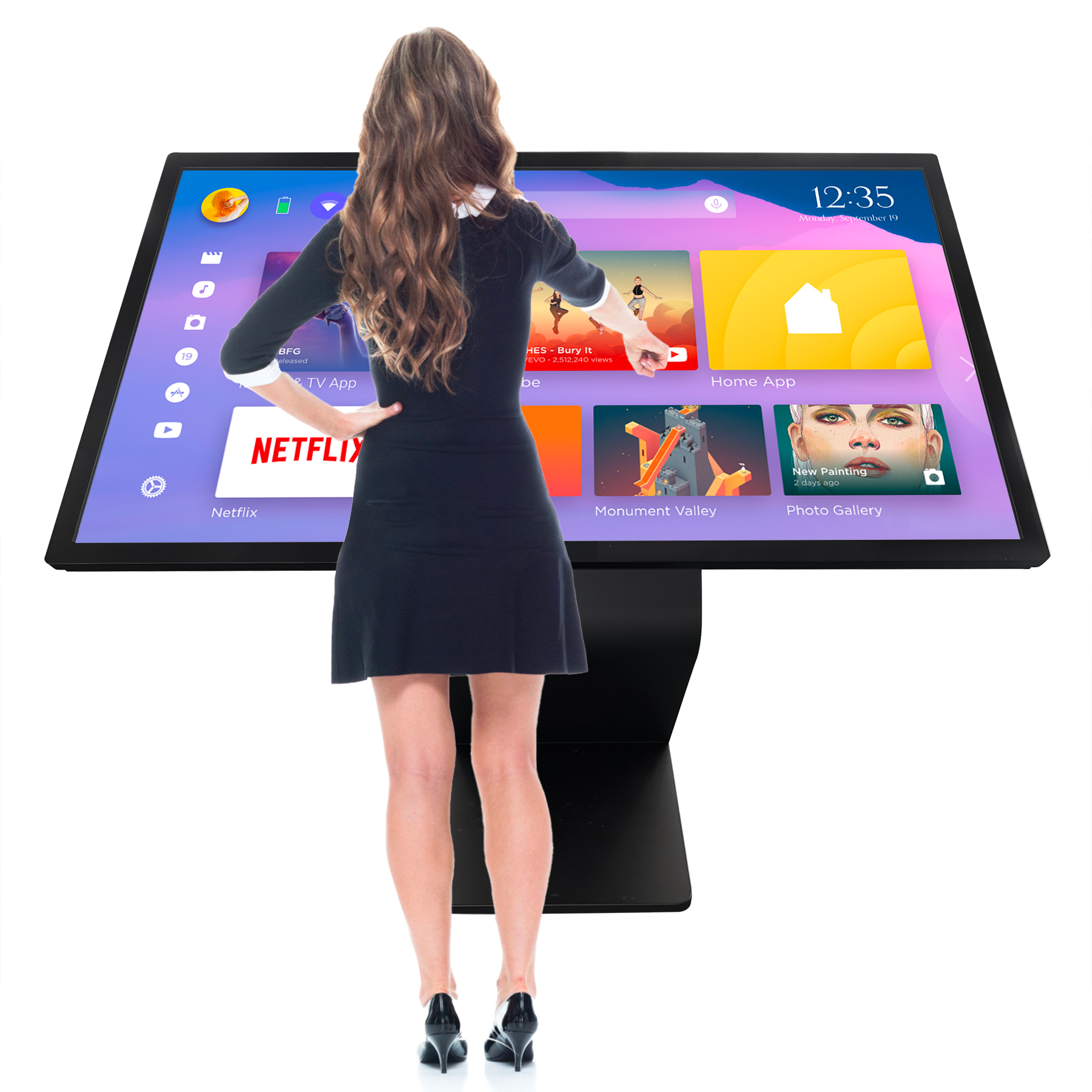 self service inqury floor stand digital all in one information interactive touch screen k type base horizontal kiosk