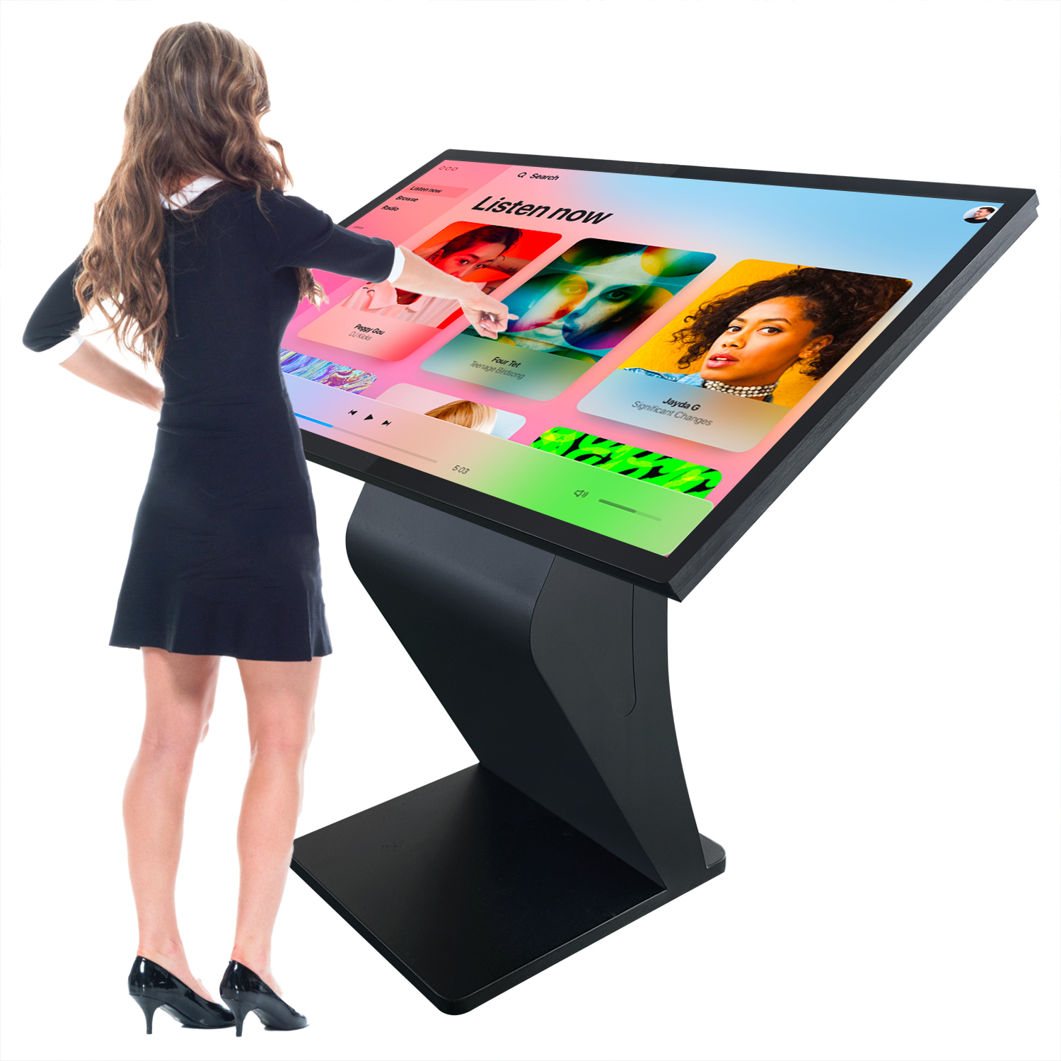 self service capacitive touch airport mall advertising screen K style horizontal stand information wayfinding interactive kiosk
